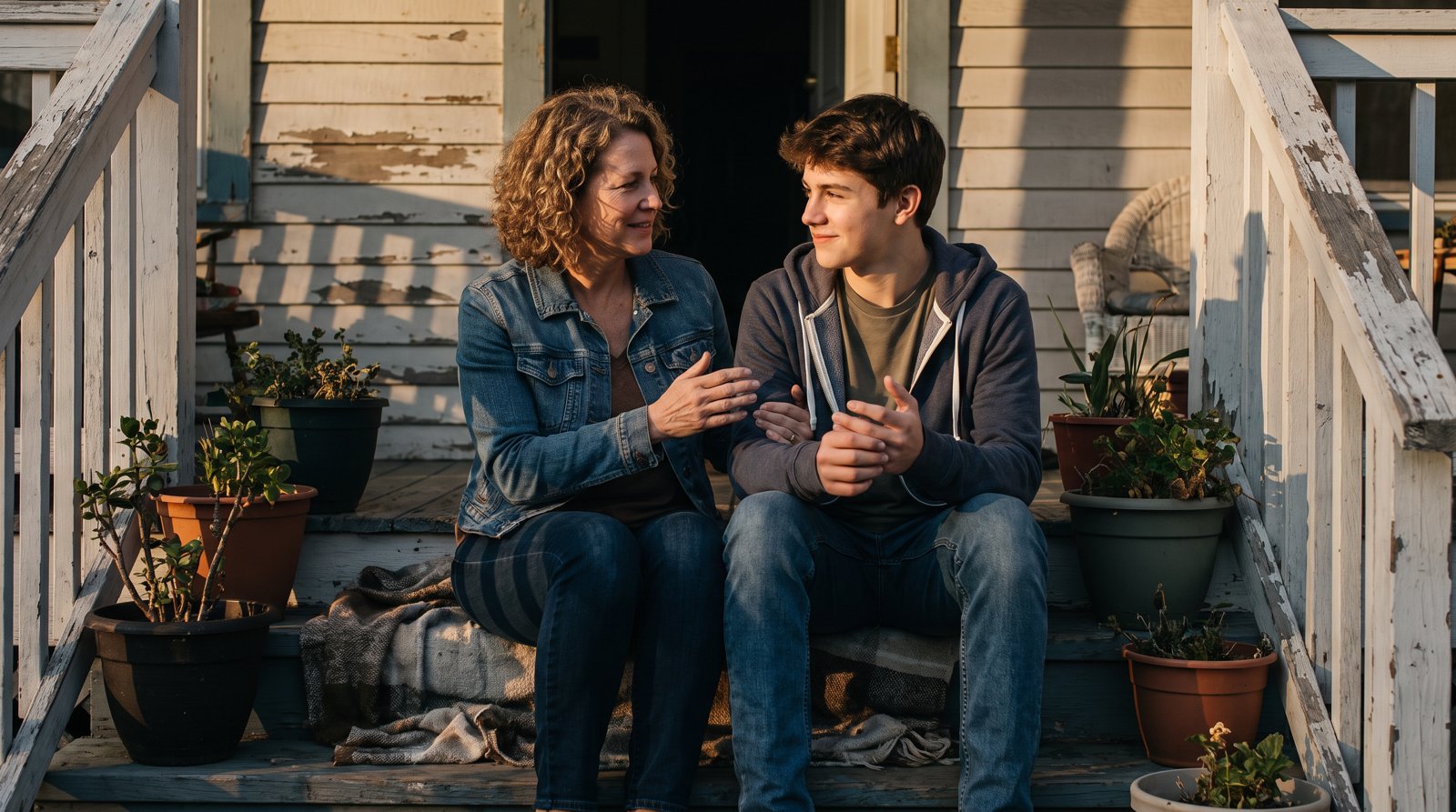 Parent and teenager having a calm conversation on porch steps