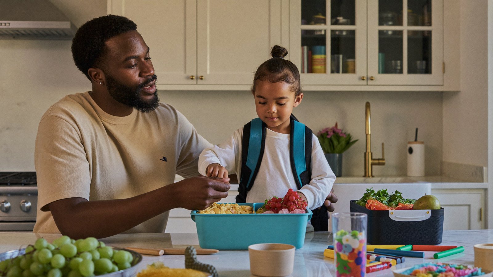 Parent helping a young child pack a backpack and lunch for the first day of school